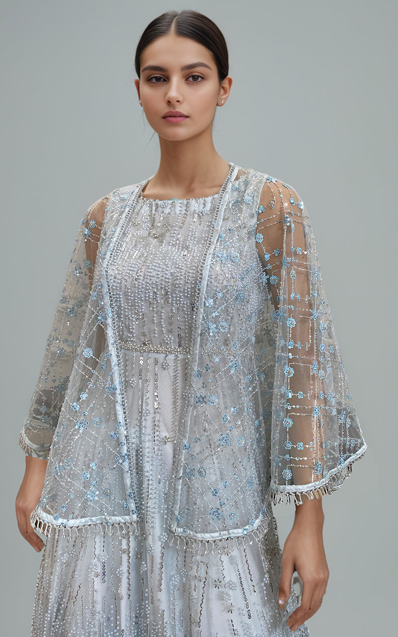 Threads and Motifs | Formal Dresses 25 | Net Embroidered Cape With Maxi by Threads and Motifs - Designer Dress  - Type : Ladies Clothes - Available at Libayah - 100% Original 