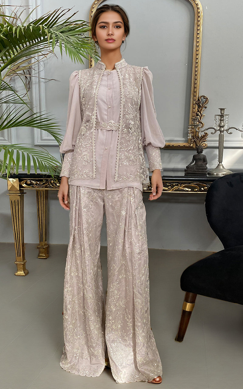 Threads and Motifs | Formal Dresses 25 | Net Embroidered Jacket With Chiffon Shirt And Embroidered Trouser by Threads and Motifs - Designer Dress  - Type : Ladies Clothes - Available at Libayah - 100% Original 