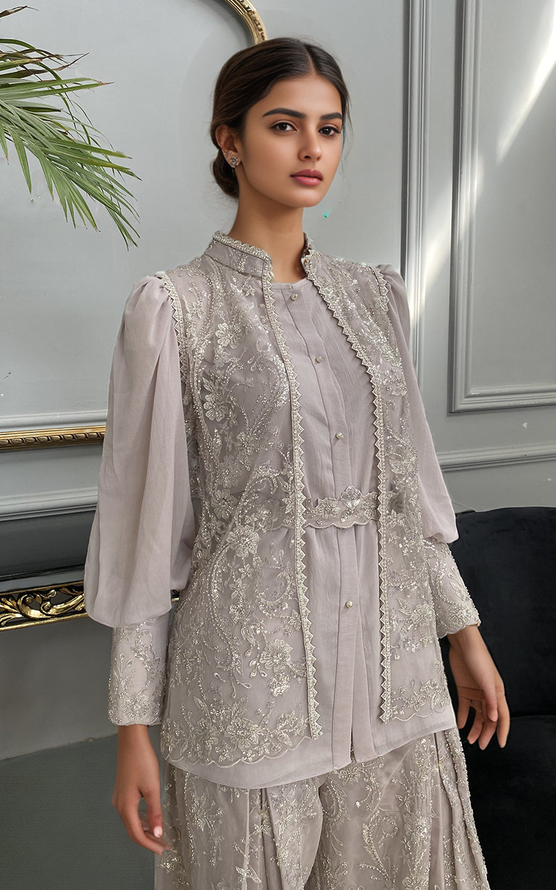 Threads and Motifs | Formal Dresses 25 | Net Embroidered Jacket With Chiffon Shirt And Embroidered Trouser by Threads and Motifs - Designer Dress  - Type : Ladies Clothes - Available at Libayah - 100% Original 