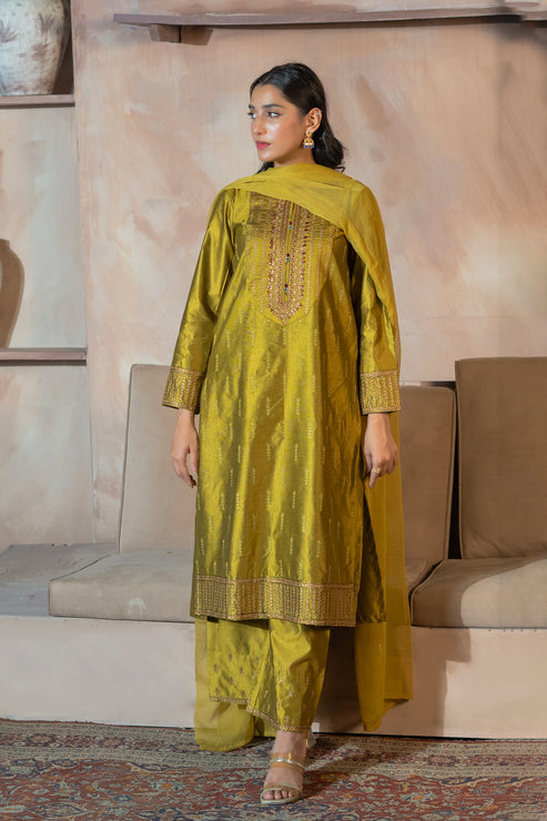 Kross Kulture | Luxury Baharaneh | Tazehro (Olive) KLX-00930 by Kross Kulture - Designer Dress - Type: Ladies Clothes - Available at Libayah - 100% Original