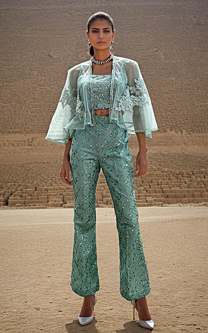 Threads and Motifs | Formal Dresses 25 | Embroiderd Cape with Blouse and Trouser by Threads and Motifs - Designer Dress  - Type : Ladies Clothes - Available at Libayah - 100% Original 