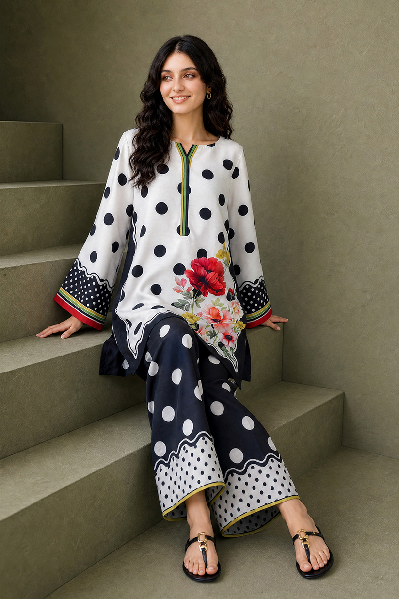 Saad Shaikh | Ease Fall Edit 26 | D-10 Co-ord Set White and Black by Saad Shaikh - Designer Dress  - Type : Ladies Clothes - Available at Libayah - 100% Original 