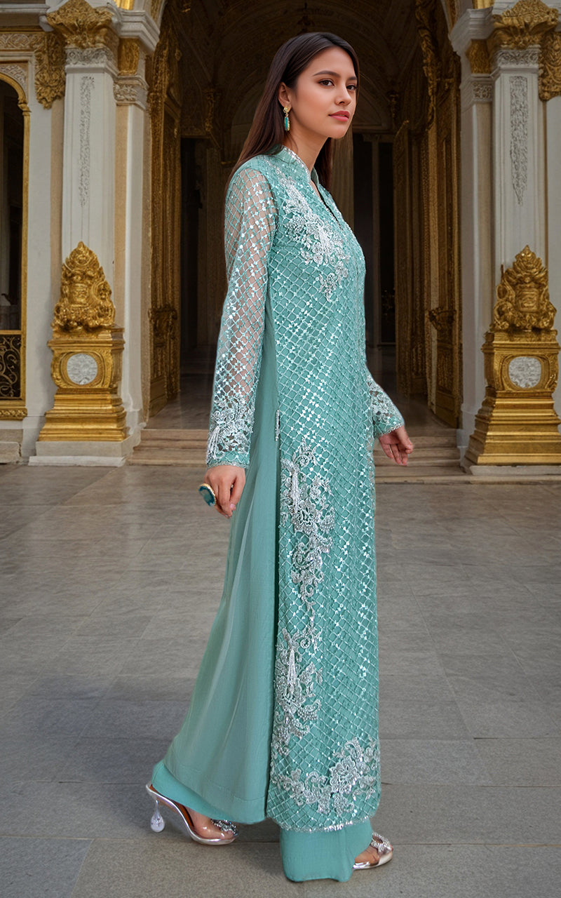 Threads and Motifs | Formal Dresses 25 | Net Embroidered Jacket With Trouser by Threads and Motifs - Designer Dress  - Type : Ladies Clothes - Available at Libayah - 100% Original 
