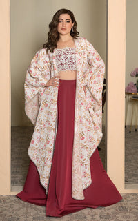 Threads and Motifs | Formal Dresses 25 | Embroidered Blouse With Printed Cape And Skirt by Threads and Motifs - Designer Dress  - Type : Ladies Clothes - Available at Libayah - 100% Original 