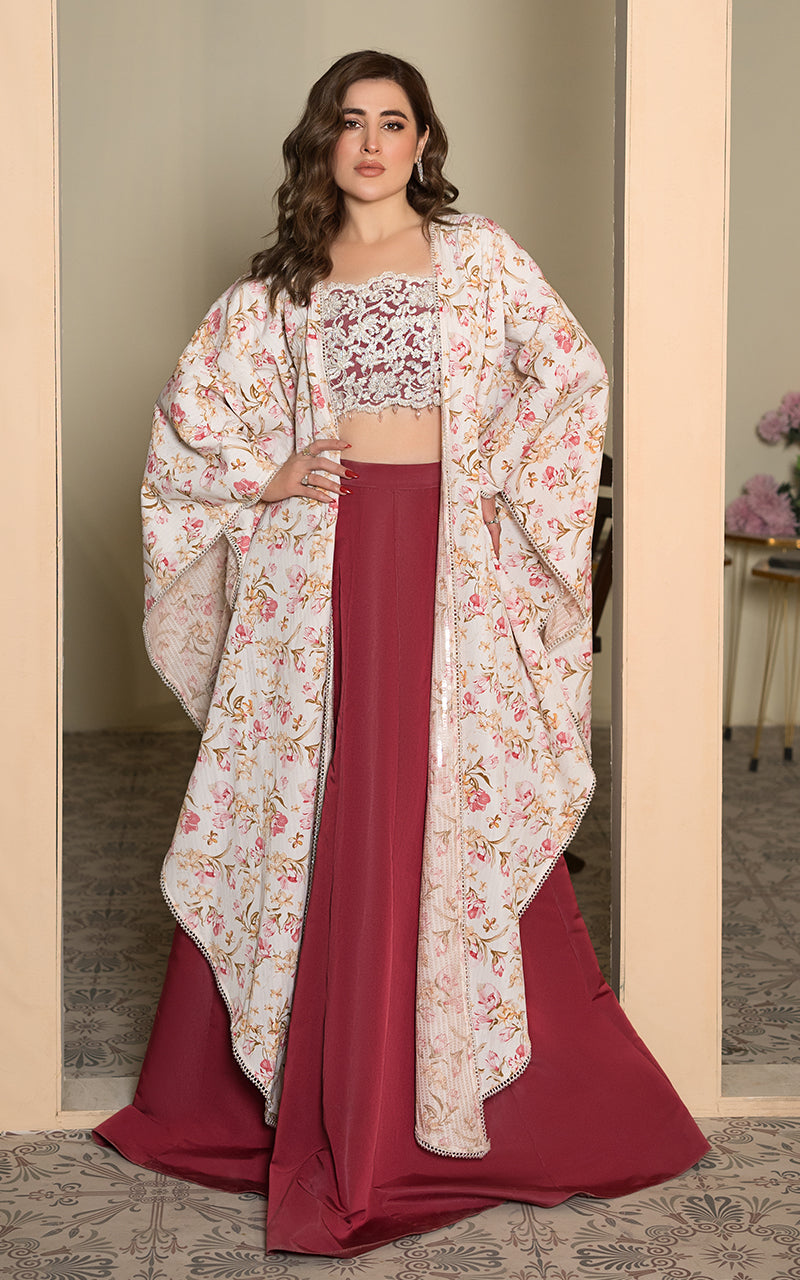 Threads and Motifs | Formal Dresses 25 | Embroidered Blouse With Printed Cape And Skirt by Threads and Motifs - Designer Dress  - Type : Ladies Clothes - Available at Libayah - 100% Original 