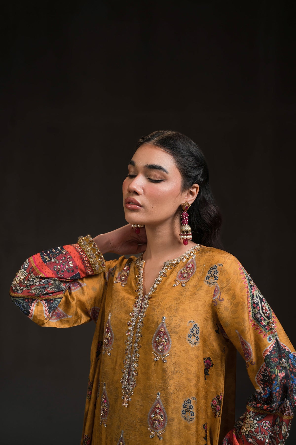 Ammara Khan | Glitz Luxury Pret 24 | MUSTARD GOLD KAFTAN SET (D-12) by Ammara Khan - Designer Dress - Type: Ladies Clothes - Available at Libayah - 100% Original