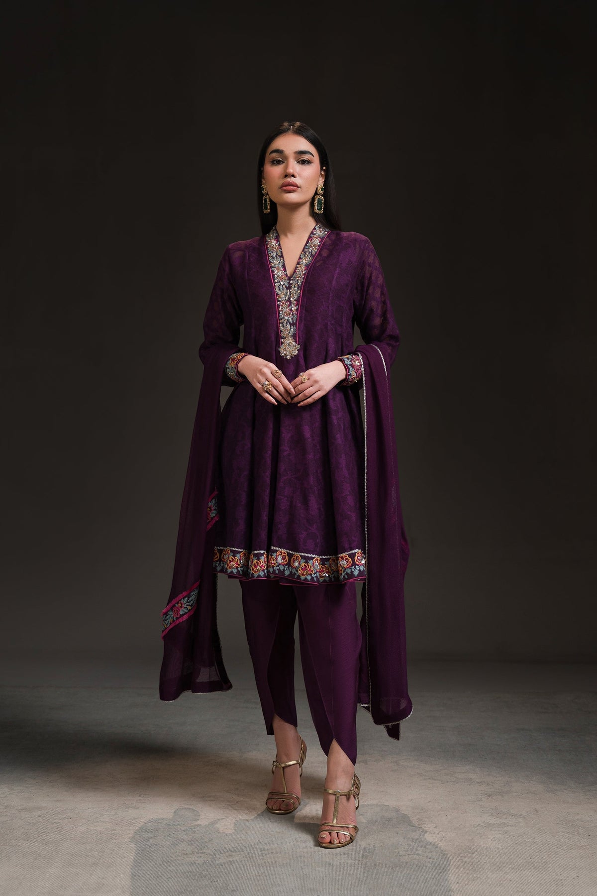 Ammara Khan | Glitz Luxury Pret 24 | DEEP PURPLE PEPLUM KALIDAR (D-18) by Ammara Khan - Designer Dress - Type: Ladies Clothes - Available at Libayah - 100% Original