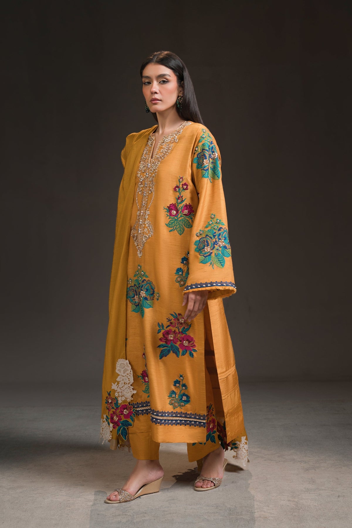 Ammara Khan | Glitz Luxury Pret 24 | MUSTARD YELLOW LONG KURTA SET (D-17) by Ammara Khan - Designer Dress - Type: Ladies Clothes - Available at Libayah - 100% Original