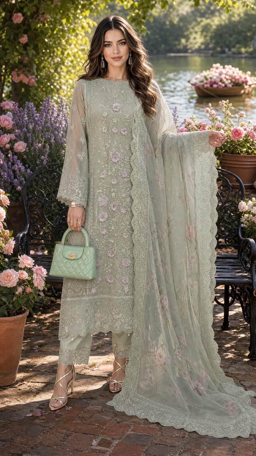 Saadia Asad | Nooriyah Luxury Chiffon | D1 - Pistachio Mist by Saadia Asad - Designer Dress  - Type : Ladies Clothes - Available at Libayah - 100% Original 