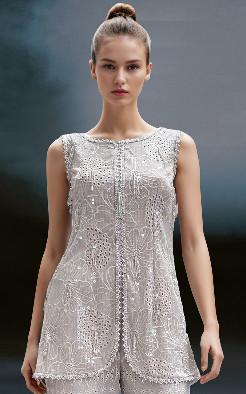 Threads and Motifs | Formal Dresses 25 | Chiffon Chikankari Embroidered Top with Trouser by Threads and Motifs - Designer Dress  - Type : Ladies Clothes - Available at Libayah - 100% Original 