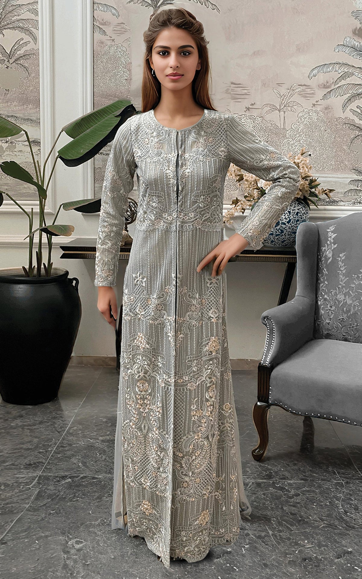 Threads and Motifs | Formal Dresses 25 | Net Embroidered Jacket by Threads and Motifs - Designer Dress  - Type : Ladies Clothes - Available at Libayah - 100% Original 