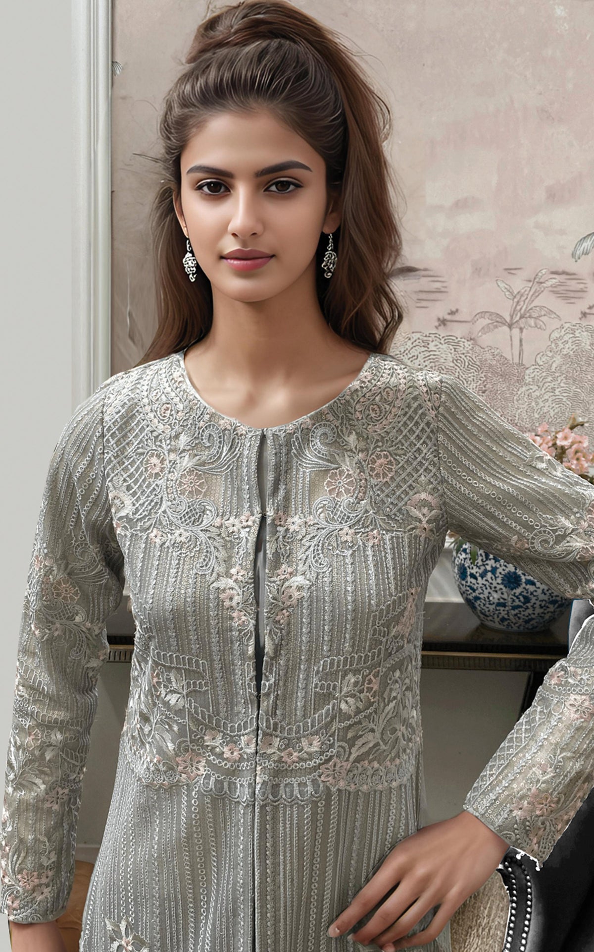 Threads and Motifs | Formal Dresses 25 | Net Embroidered Jacket by Threads and Motifs - Designer Dress  - Type : Ladies Clothes - Available at Libayah - 100% Original 