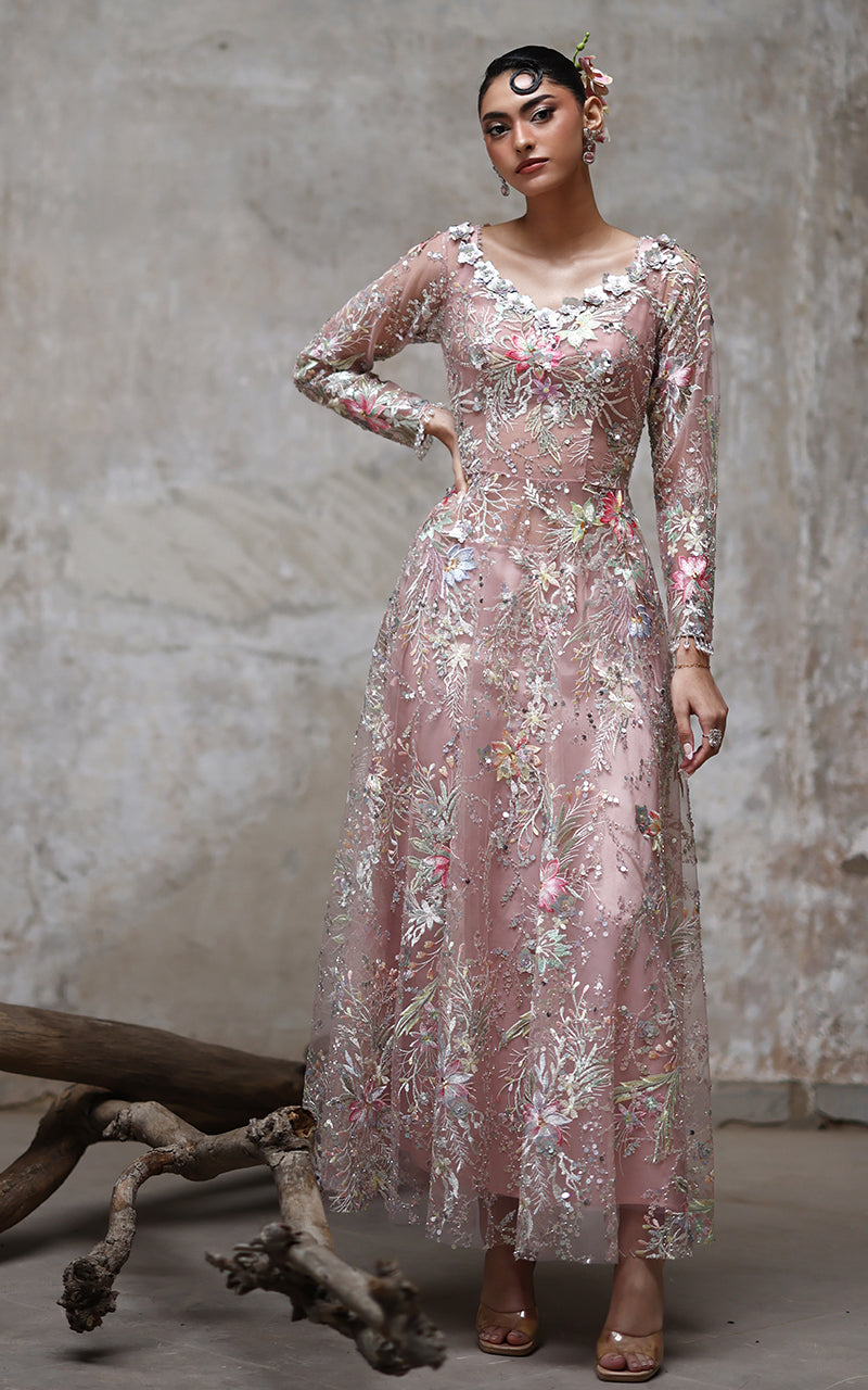 Threads and Motifs | Formal Dresses 25 | Net Embroidered Dress by Threads and Motifs - Designer Dress  - Type : Ladies Clothes - Available at Libayah - 100% Original 