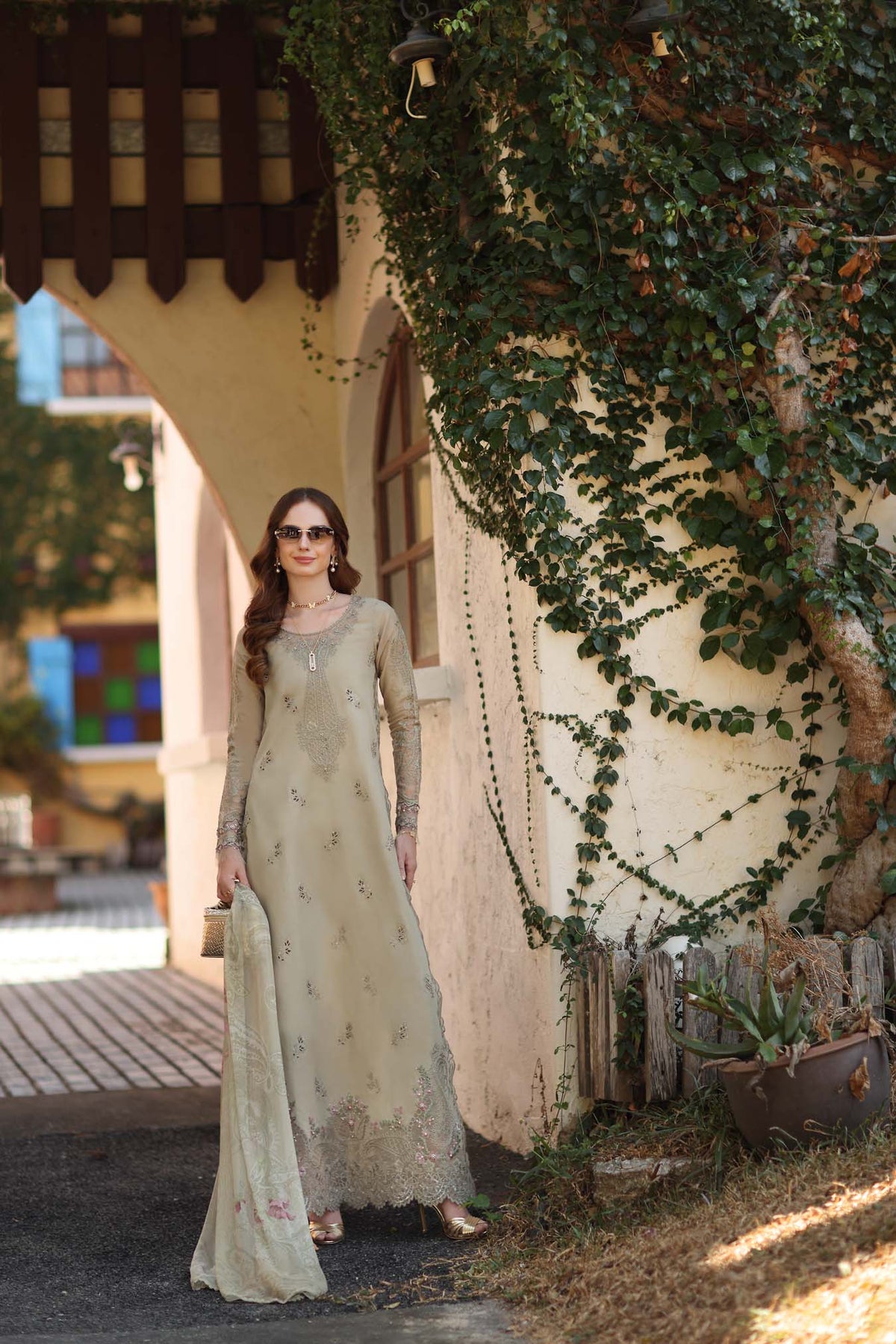 Noor by Saadia Asad | Luxe Chikankari 26 |D7 - B - Warm Gold Sage by Noor by Saadia Asad - Designer Dress - Type : Luxury Dress - Available at Libayah - 100% Original