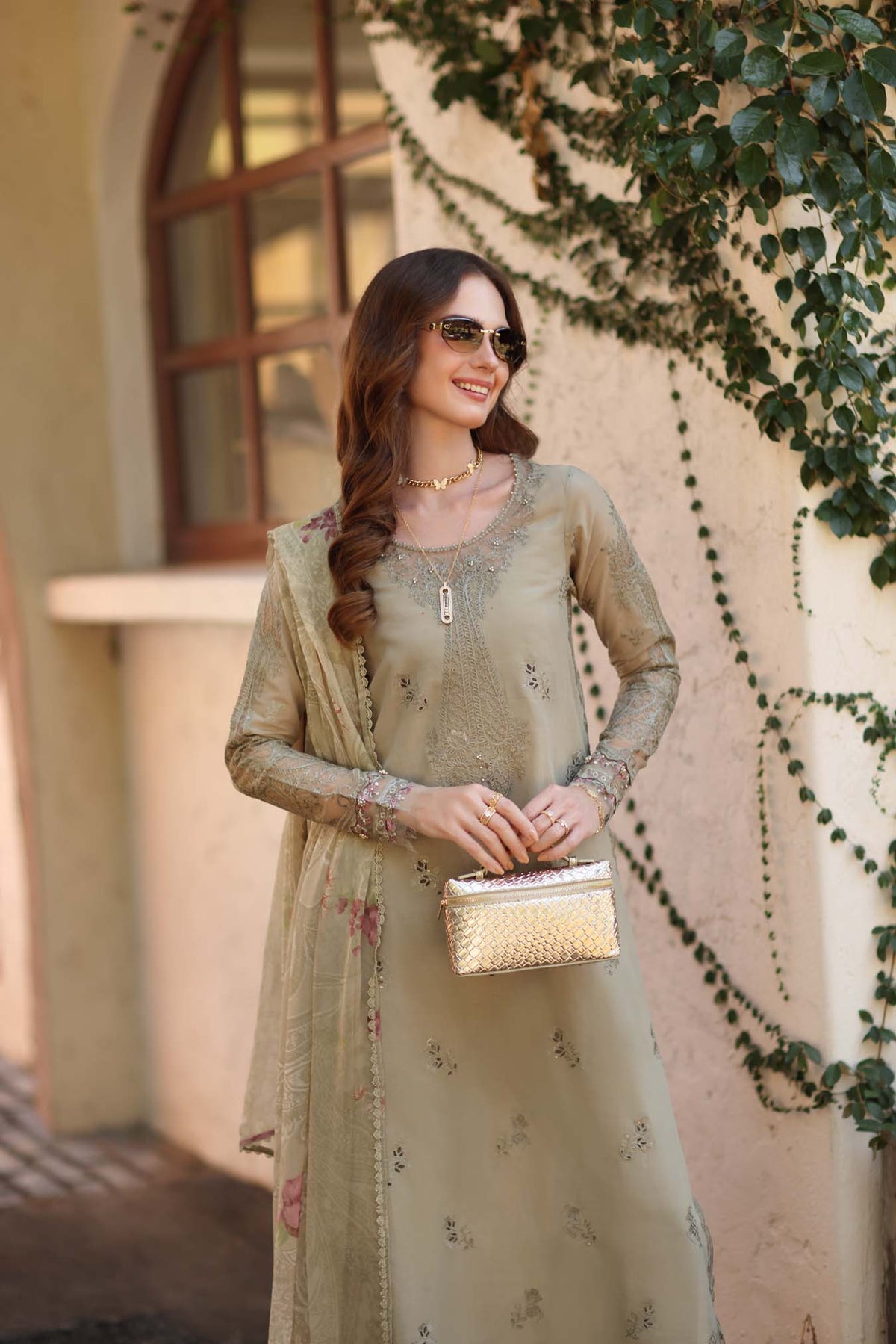 Noor by Saadia Asad | Luxe Chikankari 26 |D7 - B - Warm Gold Sage by Noor by Saadia Asad - Designer Dress - Type : Luxury Dress - Available at Libayah - 100% Original