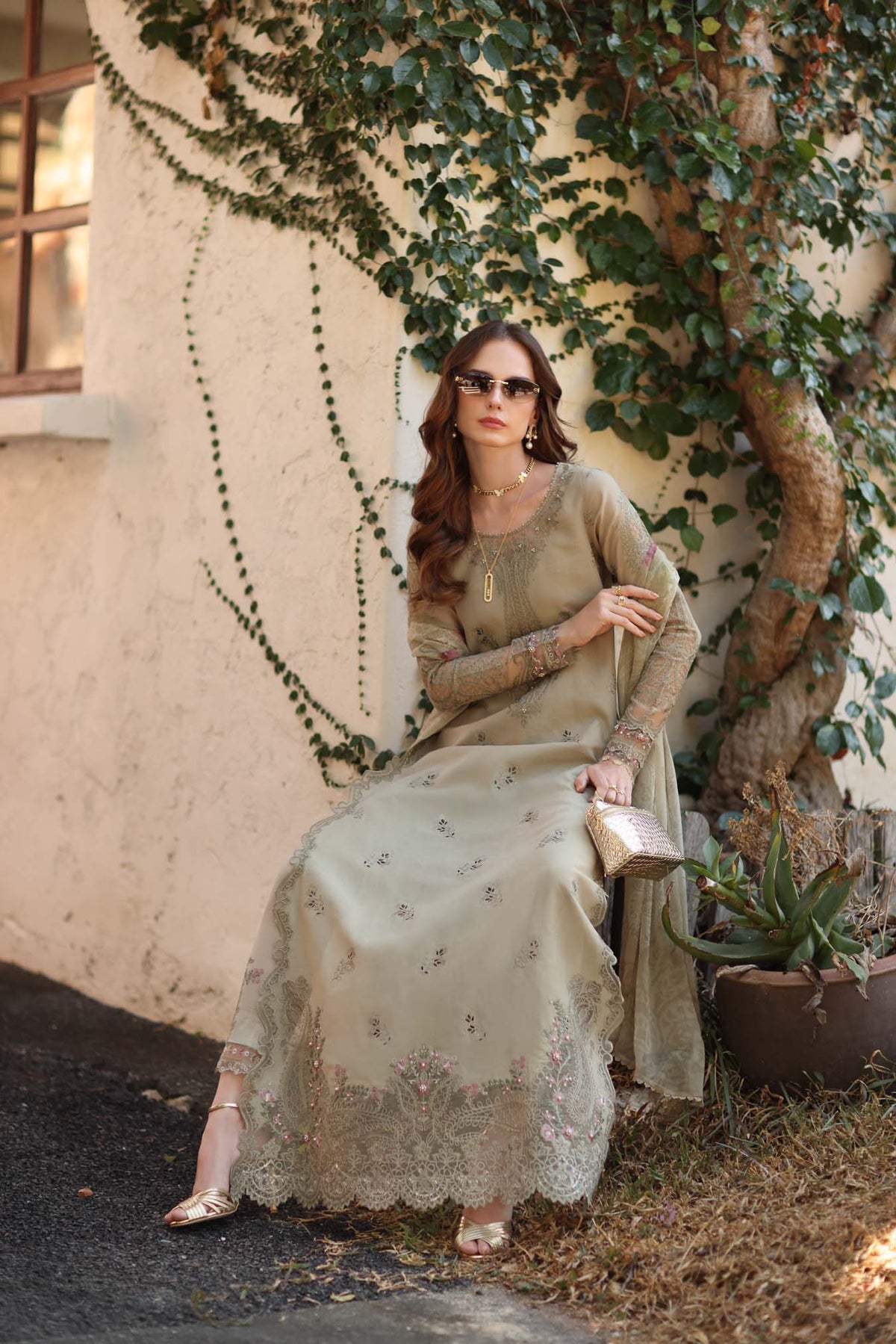 Noor by Saadia Asad | Luxe Chikankari 26 |D7 - B - Warm Gold Sage by Noor by Saadia Asad - Designer Dress - Type : Luxury Dress - Available at Libayah - 100% Original