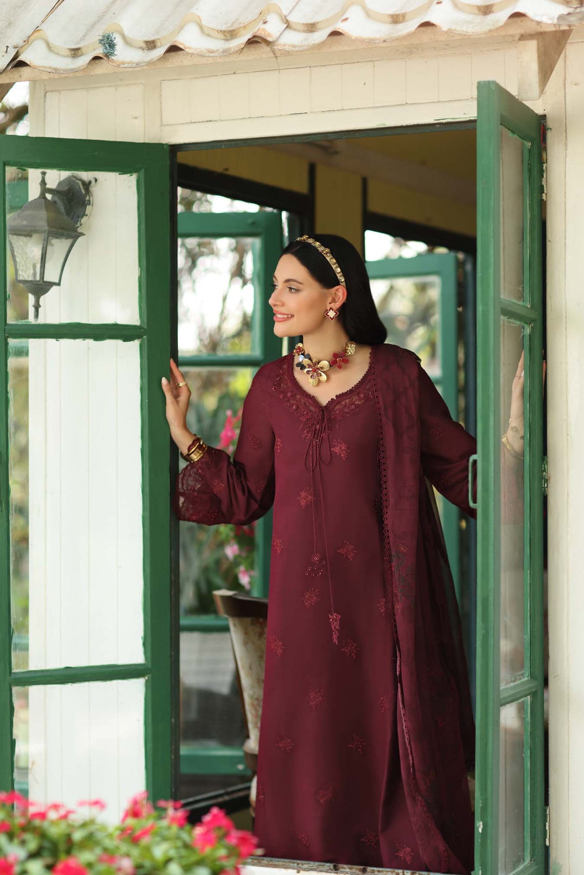 Noor by Saadia Asad | Noor Eid Printskhas 26 |D10  Burgundy - by Libayah - Registered Vendor of : Noor by Saadia Asad - 100% Original Designer Dress