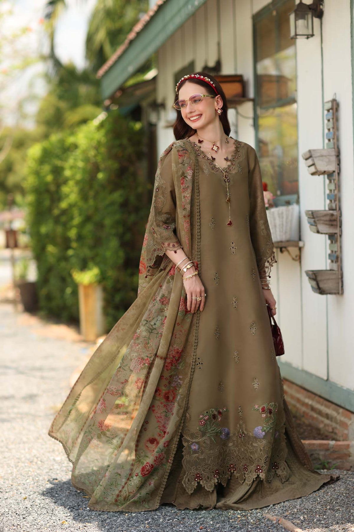 Noor by Saadia Asad | Noor Eid Printskhas 26 |D8  Mocha Sienna - by Libayah - Registered Vendor of : Noor by Saadia Asad - 100% Original Designer Dress