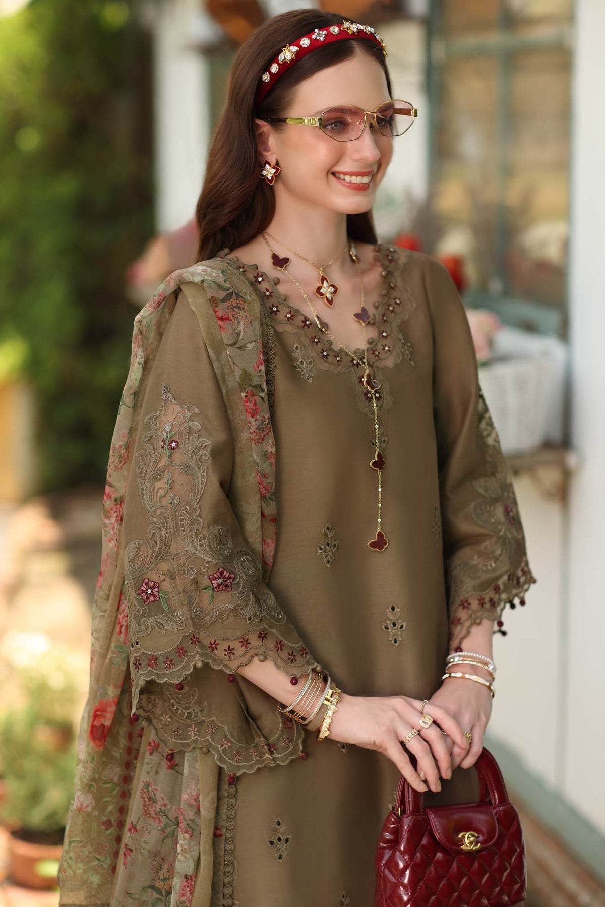 Noor by Saadia Asad | Noor Eid Printskhas 26 |D8  Mocha Sienna - by Libayah - Registered Vendor of : Noor by Saadia Asad - 100% Original Designer Dress