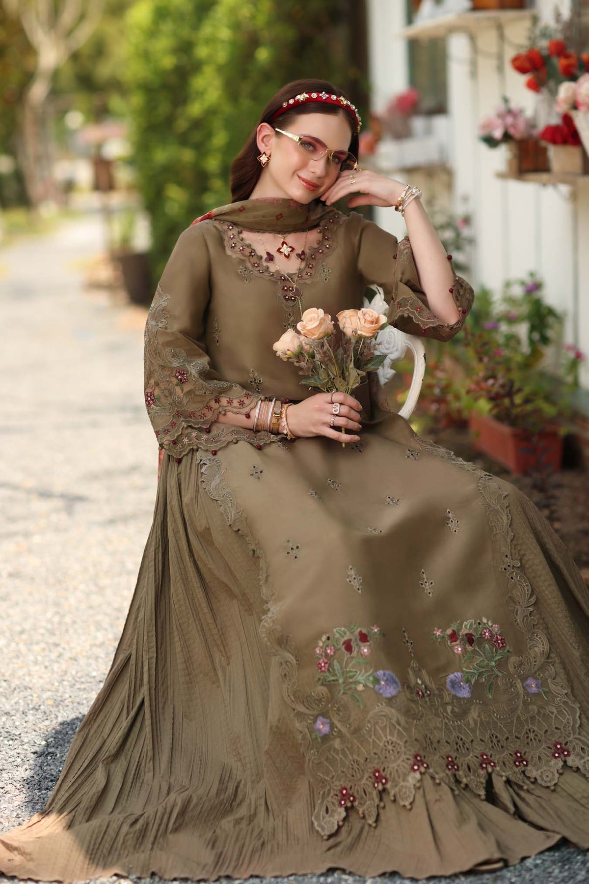 Noor by Saadia Asad | Noor Eid Printskhas 26 |D8  Mocha Sienna - by Libayah - Registered Vendor of : Noor by Saadia Asad - 100% Original Designer Dress