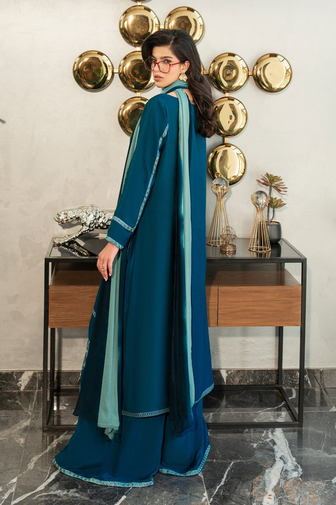 Fahad Hussayn | Lawn Banger | Midnight Teal by Erum Khan - Designer Dress - Type: Ladies Clothes - Available at Libayah - 100% Original