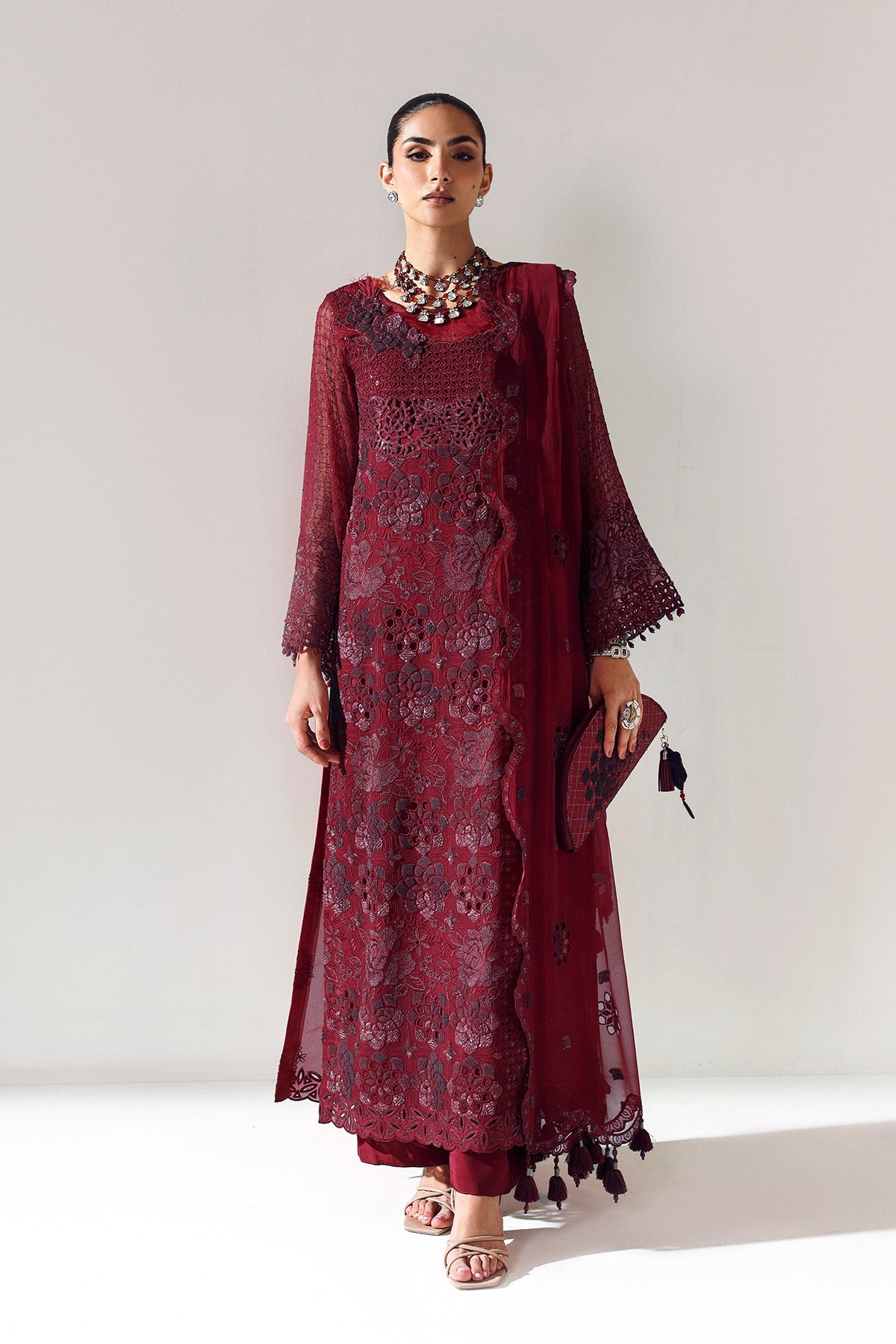 RIKA MAROON – authentic Pakistani formal dress from the Alizeh Aymal Luxury Bamber Chiffon collection for women in the UK.