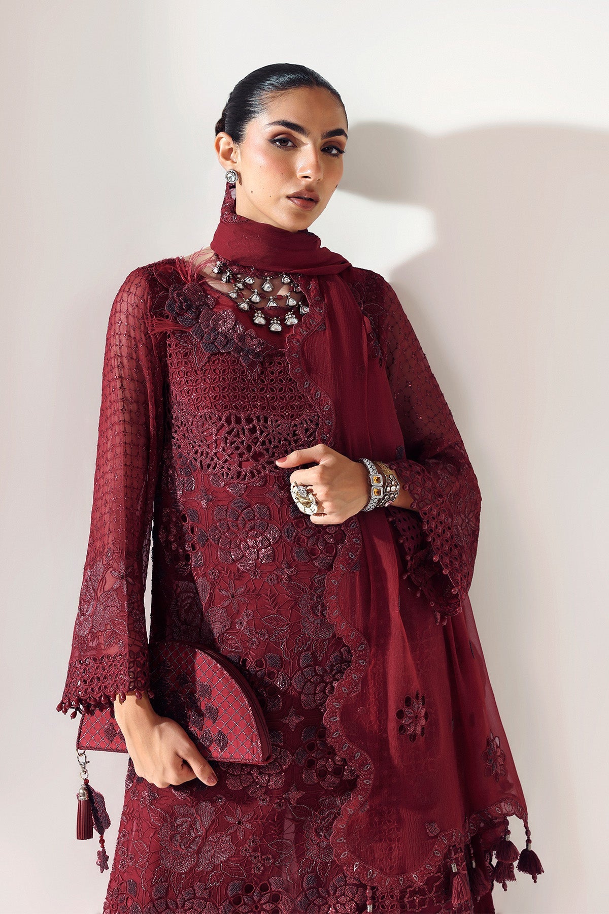 RIKA MAROON – authentic Pakistani formal dress from the Alizeh Aymal Luxury Bamber Chiffon collection for women in the UK.