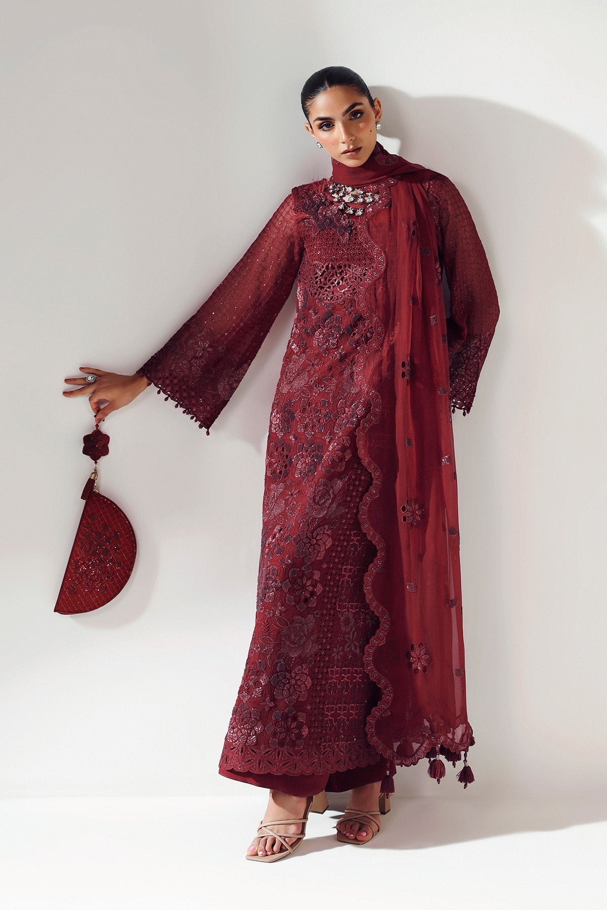 RIKA MAROON – authentic Pakistani formal dress from the Alizeh Aymal Luxury Bamber Chiffon collection for women in the UK.
