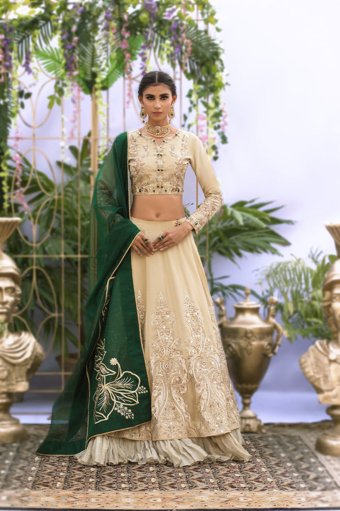 Wahaj M.Khan | Nureh Wedding Formals | Ivory and Jade Lenga Choli by Wahaj M.Khan - Designer Dress - Type: Ladies Clothes - Available at Libayah - 100% Original