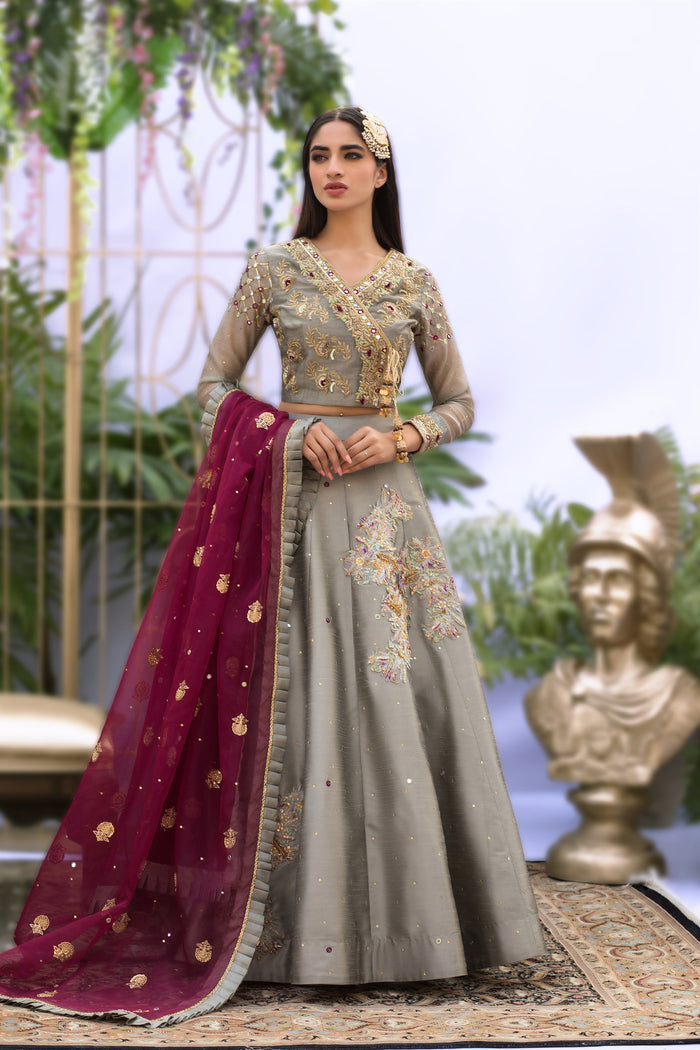 Wahaj M.Khan | Nureh Wedding Formals | Grey and Magenta Lenga Choli by Wahaj M.Khan - Designer Dress - Type: Ladies Clothes - Available at Libayah - 100% Original