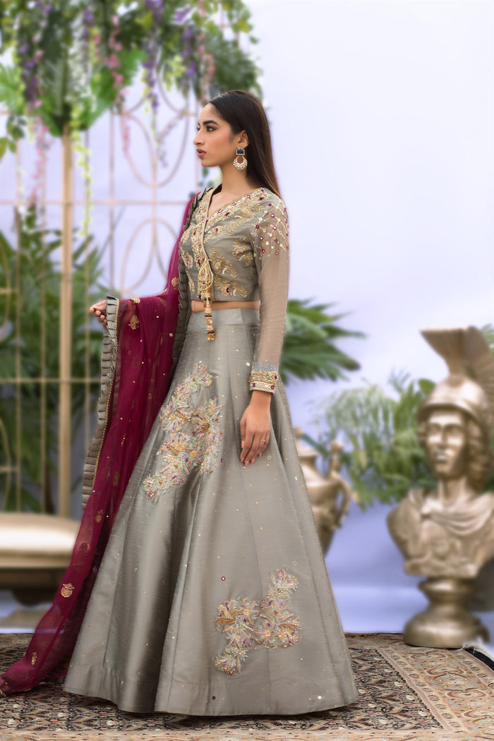 Wahaj M.Khan | Nureh Wedding Formals | Grey and Magenta Lenga Choli by Wahaj M.Khan - Designer Dress - Type: Ladies Clothes - Available at Libayah - 100% Original