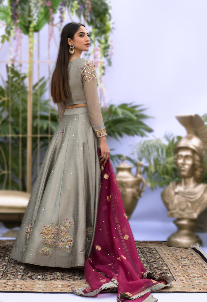 Wahaj M.Khan | Nureh Wedding Formals | Grey and Magenta Lenga Choli by Wahaj M.Khan - Designer Dress - Type: Ladies Clothes - Available at Libayah - 100% Original