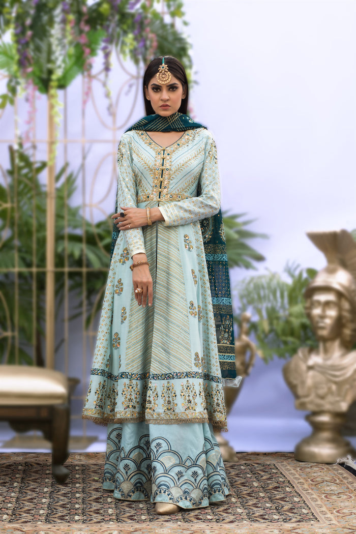 Wahaj M.Khan | Nureh Wedding Formals | Ferozi and Teal BlockPrint Angarkha by Wahaj M.Khan - Designer Dress - Type: Ladies Clothes - Available at Libayah - 100% Original