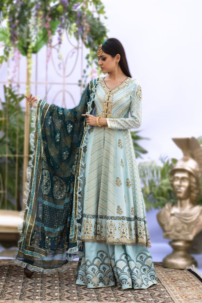 Wahaj M.Khan | Nureh Wedding Formals | Ferozi and Teal BlockPrint Angarkha by Wahaj M.Khan - Designer Dress - Type: Ladies Clothes - Available at Libayah - 100% Original