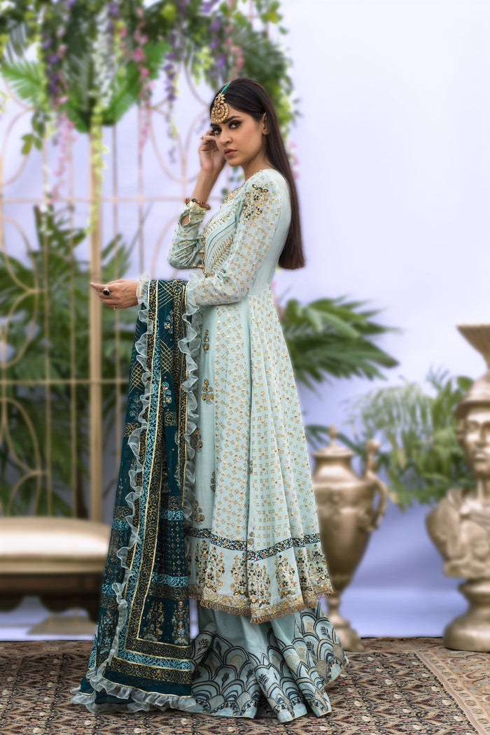 Wahaj M.Khan | Nureh Wedding Formals | Ferozi and Teal BlockPrint Angarkha by Wahaj M.Khan - Designer Dress - Type: Ladies Clothes - Available at Libayah - 100% Original
