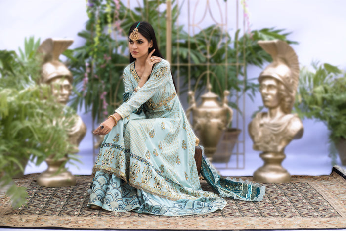 Wahaj M.Khan | Nureh Wedding Formals | Ferozi and Teal BlockPrint Angarkha by Wahaj M.Khan - Designer Dress - Type: Ladies Clothes - Available at Libayah - 100% Original