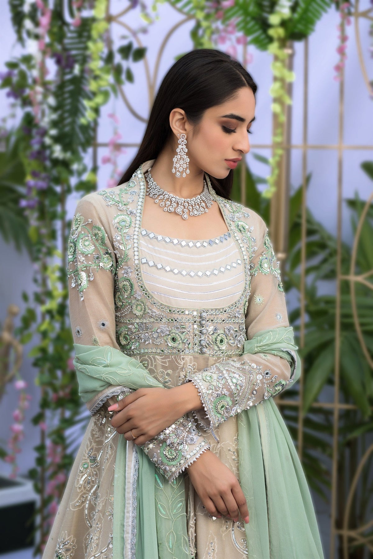 Wahaj M.Khan | Nureh Wedding Formals | Ivory and Mint Green Anarkali by Wahaj M.Khan - Designer Dress - Type: Ladies Clothes - Available at Libayah - 100% Original