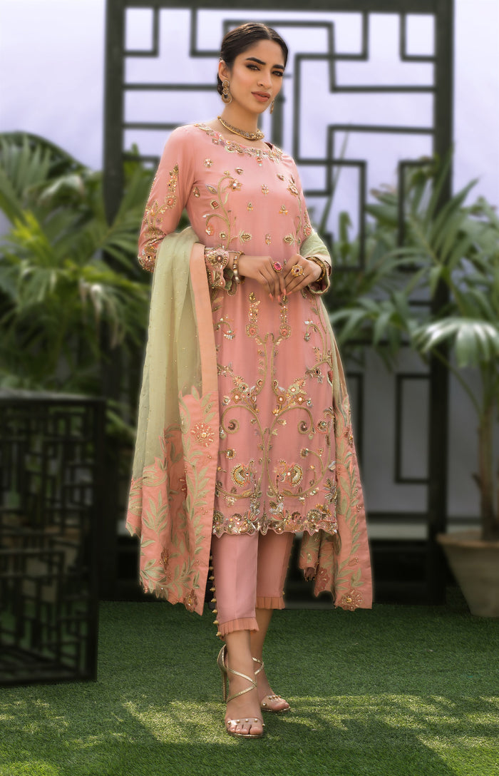 Wahaj M.Khan | Nureh Wedding Formals | Pink and Mint Green Straight Shirt and Pant by Wahaj M.Khan - Designer Dress - Type: Ladies Clothes - Available at Libayah - 100% Original