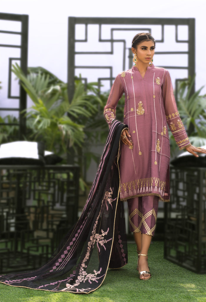 Wahaj M.Khan | Nureh Wedding Formals | Lilac and Black Straight shirt and Pants with Shawl by Wahaj M.Khan - Designer Dress - Type: Ladies Clothes - Available at Libayah - 100% Original