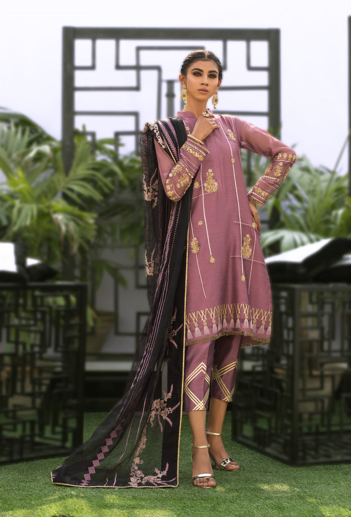 Wahaj M.Khan | Nureh Wedding Formals | Lilac and Black Straight shirt and Pants with Shawl by Wahaj M.Khan - Designer Dress - Type: Ladies Clothes - Available at Libayah - 100% Original