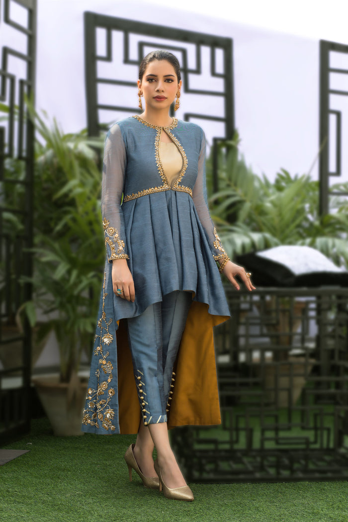Wahaj M.Khan | Nureh Wedding Formals | Grey Asymmetric Jacket by Wahaj M.Khan - Designer Dress - Type: Ladies Clothes - Available at Libayah - 100% Original