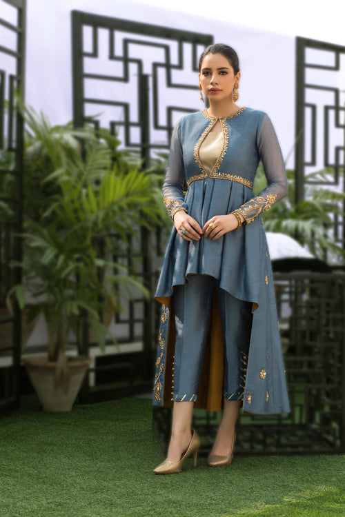 Wahaj M.Khan | Nureh Wedding Formals | Grey Asymmetric Jacket by Wahaj M.Khan - Designer Dress - Type: Ladies Clothes - Available at Libayah - 100% Original
