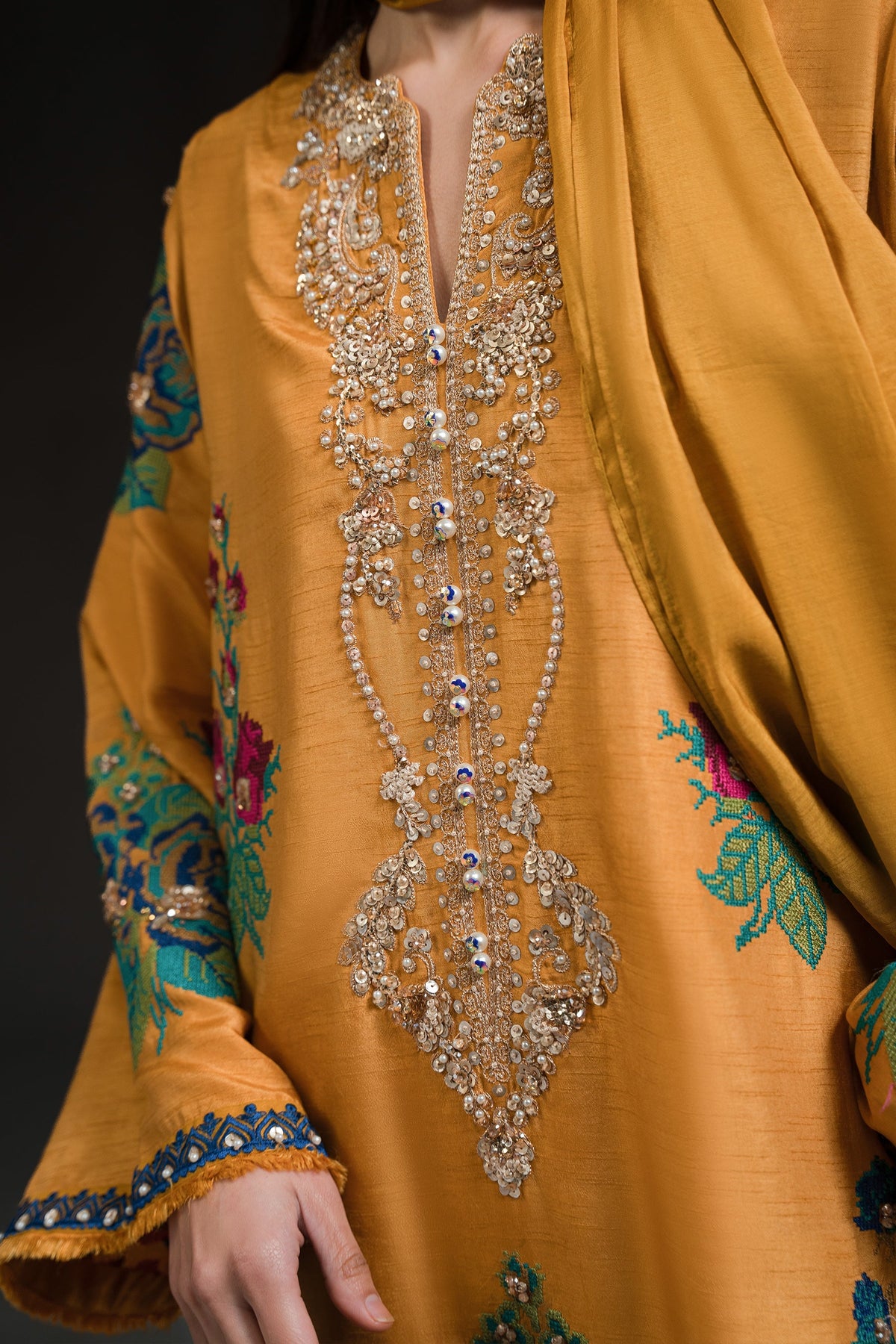 Ammara Khan | Glitz Luxury Pret 24 | MUSTARD YELLOW LONG KURTA SET (D-17) by Ammara Khan - Designer Dress - Type: Ladies Clothes - Available at Libayah - 100% Original
