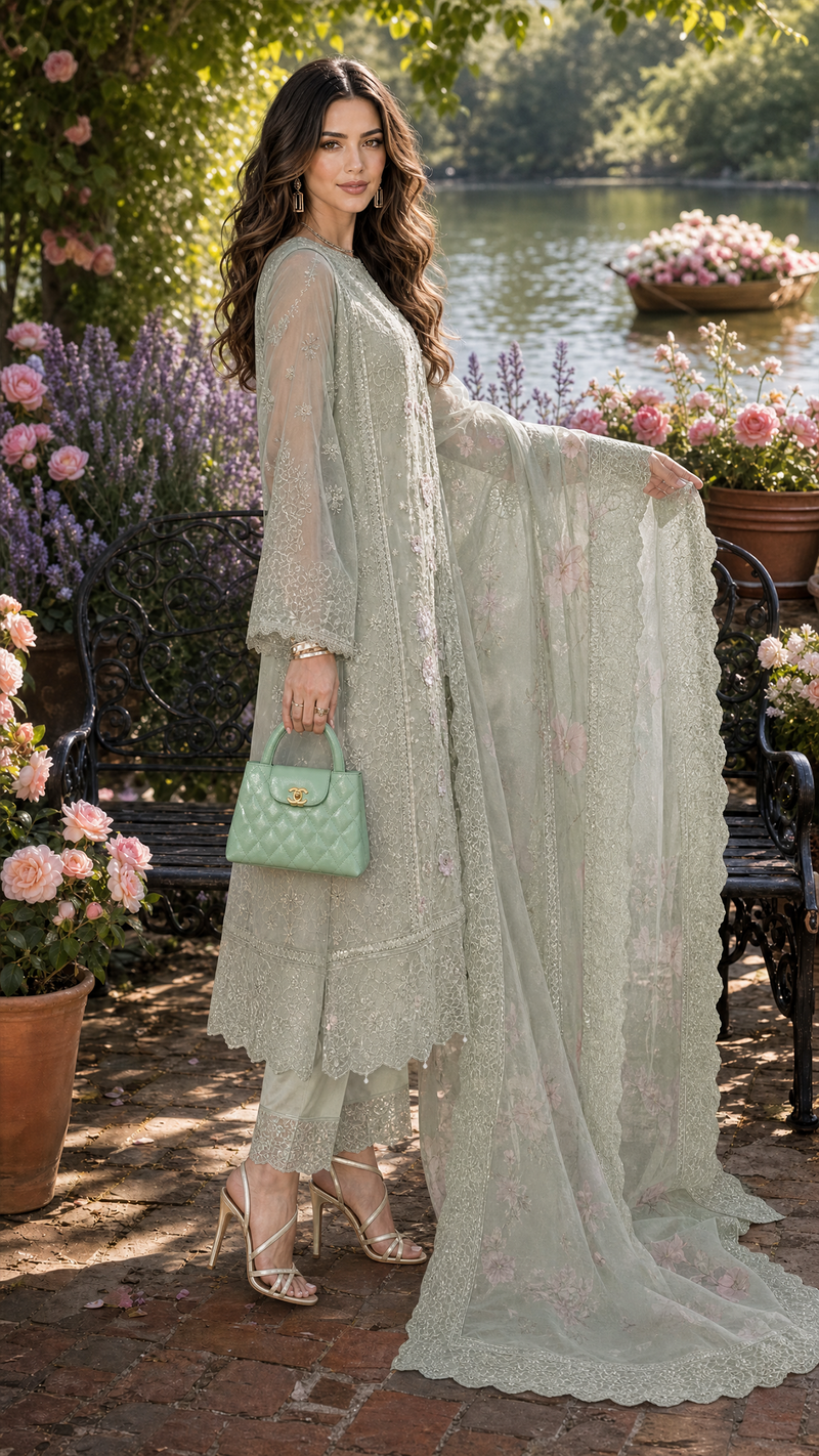 Saadia Asad | Nooriyah Luxury Chiffon | D1 - Pistachio Mist by Saadia Asad - Designer Dress  - Type : Ladies Clothes - Available at Libayah - 100% Original 