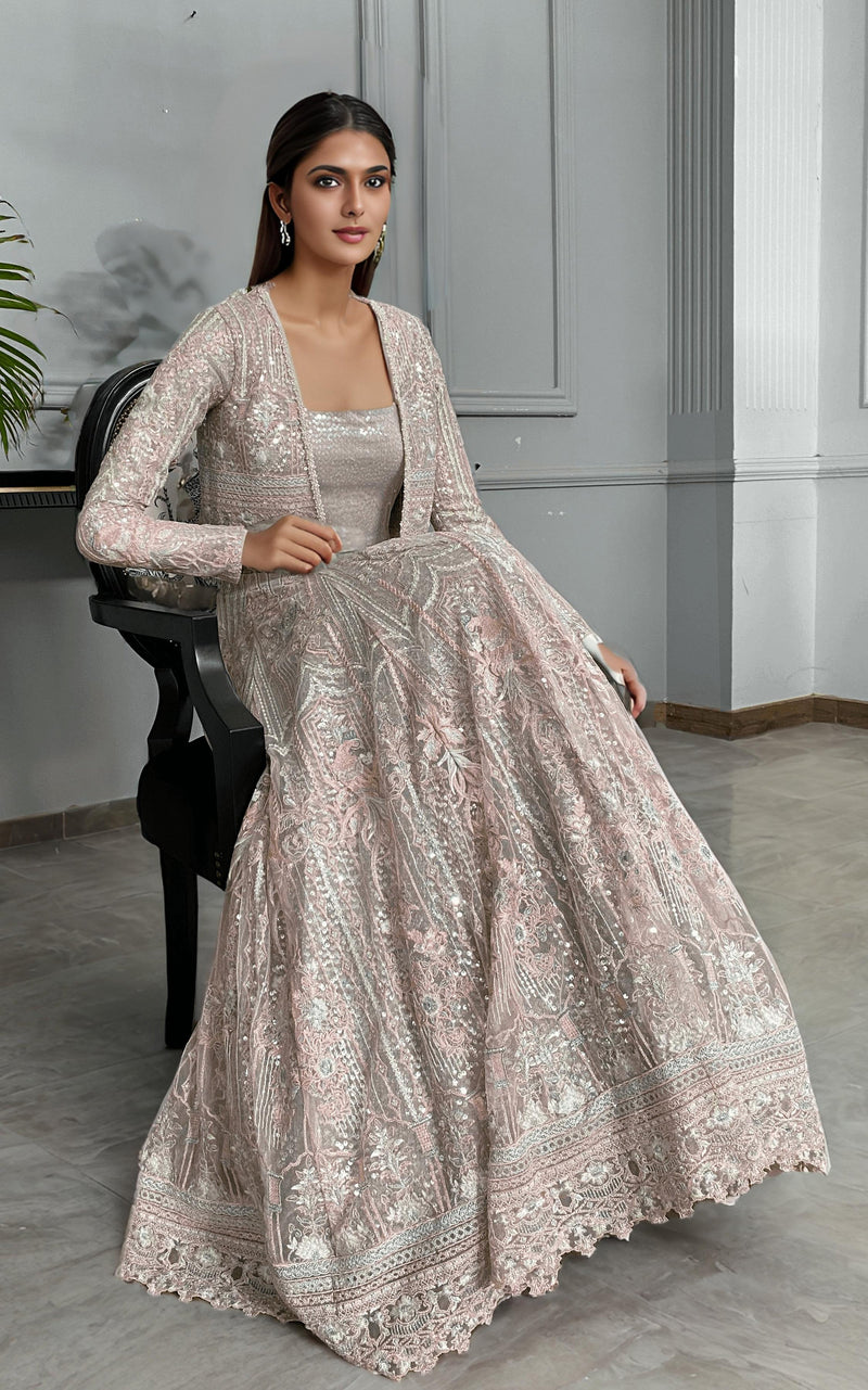 Threads and Motifs | Formal Dresses 25 | Net Embroidered Jacket With Lehenga by Threads and Motifs - Designer Dress  - Type : Ladies Clothes - Available at Libayah - 100% Original 