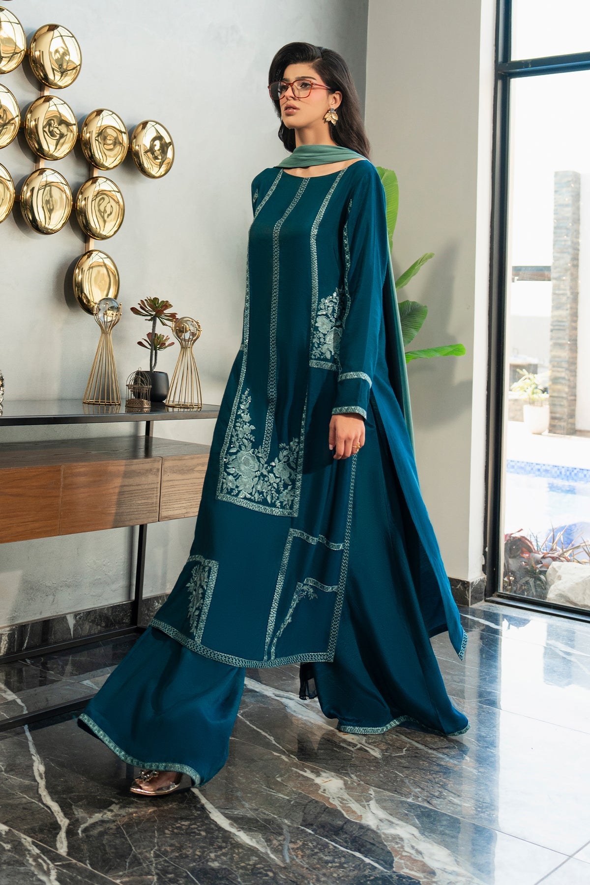 Fahad Hussayn | Lawn Banger | Midnight Teal by Erum Khan - Designer Dress - Type: Ladies Clothes - Available at Libayah - 100% Original