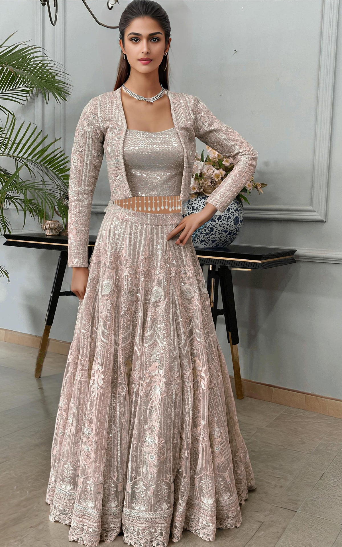 Threads and Motifs | Formal Dresses 25 | Net Embroidered Jacket With Lehenga by Threads and Motifs - Designer Dress  - Type : Ladies Clothes - Available at Libayah - 100% Original 