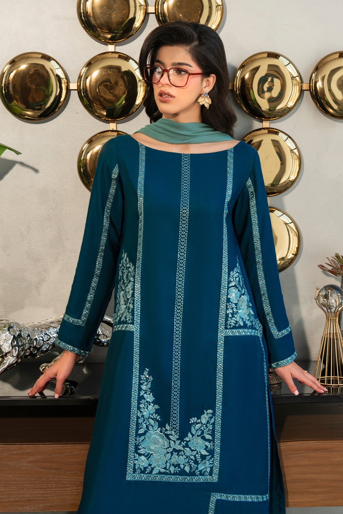 Fahad Hussayn | Lawn Banger | Midnight Teal by Erum Khan - Designer Dress - Type: Ladies Clothes - Available at Libayah - 100% Original