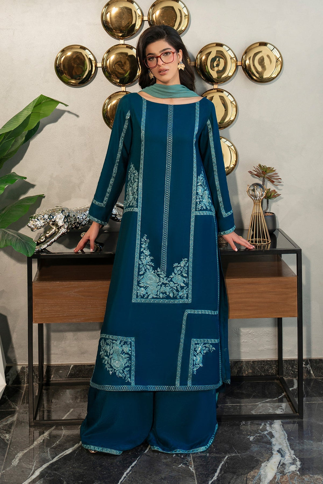 Fahad Hussayn | Lawn Banger | Midnight Teal by Erum Khan - Designer Dress - Type: Ladies Clothes - Available at Libayah - 100% Original