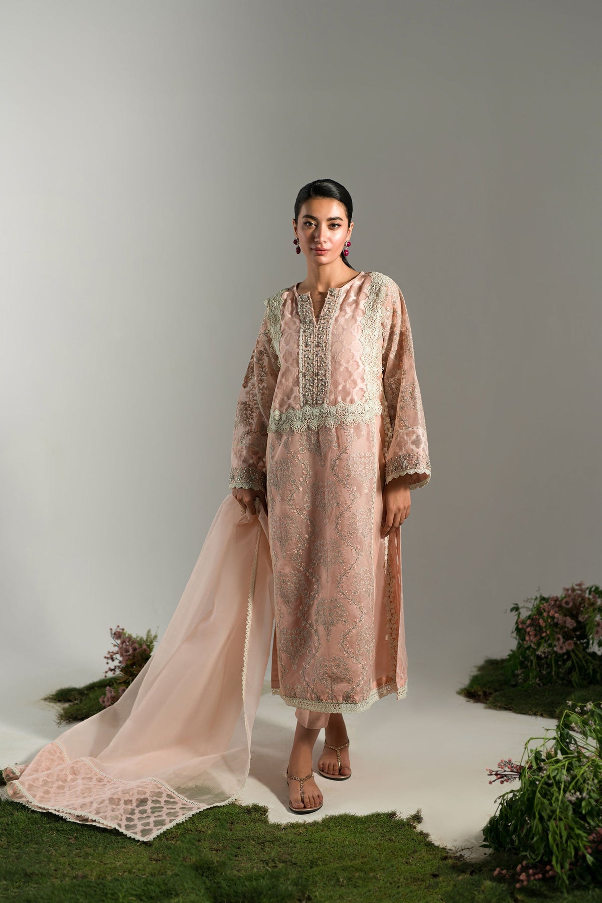 Ammara Khan | Lily Luxury Formals 24 | PASTEL PEACH LONG KURTA (D-07) by Ammara Khan - Designer Dress - Type: Ladies Clothes - Available at Libayah - 100% Original